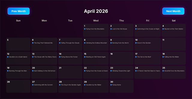 Screenshot of the Dream Calendar showing a month grid with dream entries